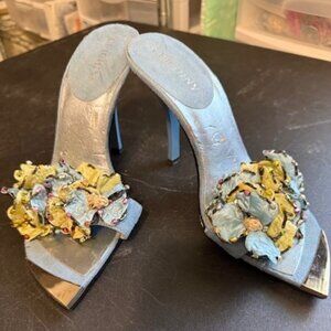 Luichiny - Beaded, Ruffled Open Back Heels - Chrome Tips - Blue/Green - Size 6